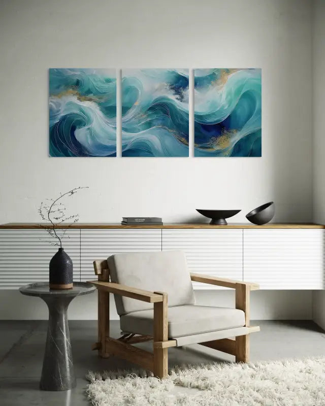 Emerald & Gold Triptych Ocean Wave Coastal Glass Print by Echoes of the Sea_Ocean Wall art