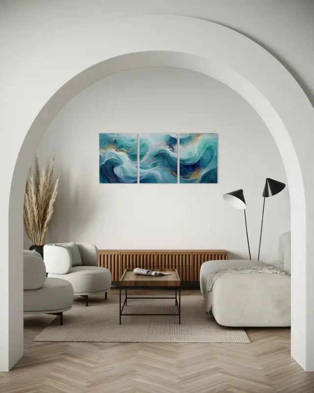 Emerald & Gold Triptych Ocean Wave Coastal Glass Print by Echoes of the Sea-living room