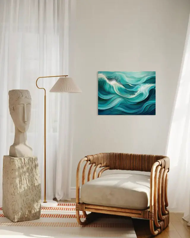 Emerald Swirl Waves Coastal Glass Print by Echoes of the Sea, sitting area
