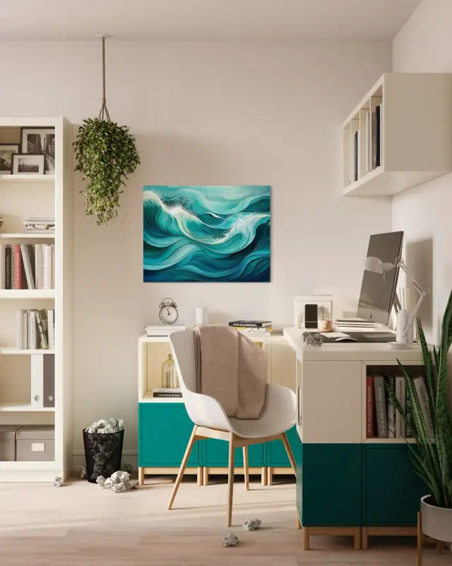 Emerald Swirl Waves Coastal Glass Print by Echoes of the Sea, ideal for coastal office decor.