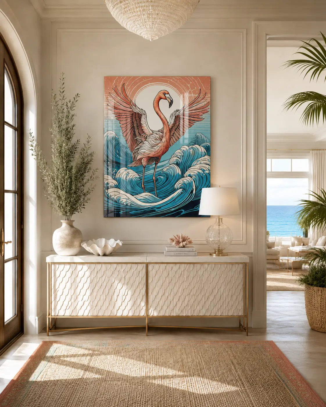 Coastal entryway in soft tones with an expressive flamingo art glass print