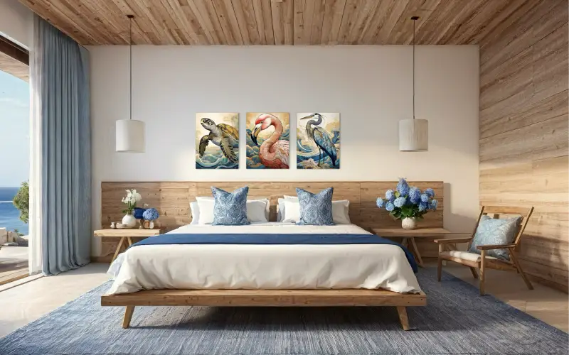 Luxury pink flamingo glass print with Hokusai-inspired blue waves and gold accents, coastal wall art-bedroom wall gallery