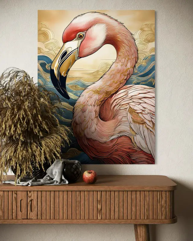 Luxury pink flamingo glass print with Hokusai-inspired blue waves and gold accents, eco-friendly coastal wall art above small table