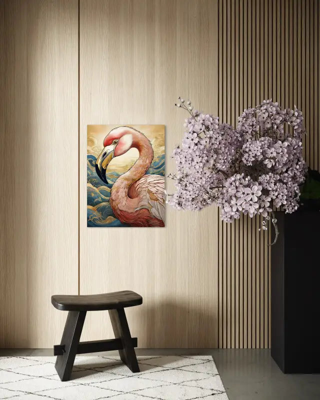 Luxury pink flamingo glass print with Hokusai-inspired blue waves and gold accents, eco-friendly coastal wall art