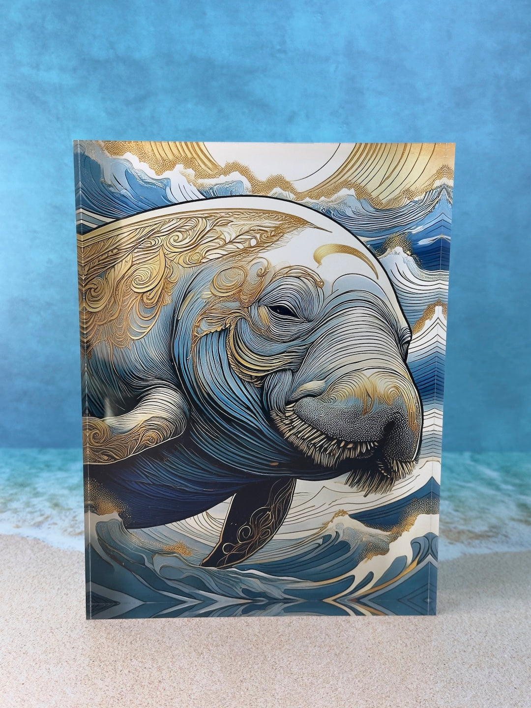 Fantastical Manatee Coastal Acrylic Block Print: Blues & Gold from Echoes of the Sea, showcasing a surreal manatee with a 3D effect