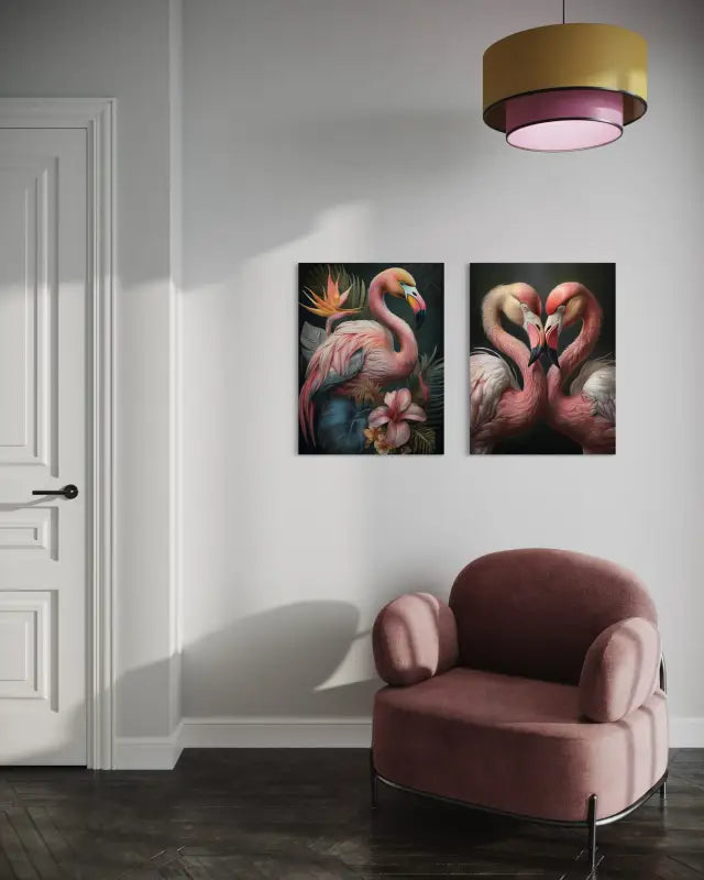 Fantastical Flamingo Bird of Paradise Coastal Glass Print by Echoes of the Sea, displayed with matching Echoes print.