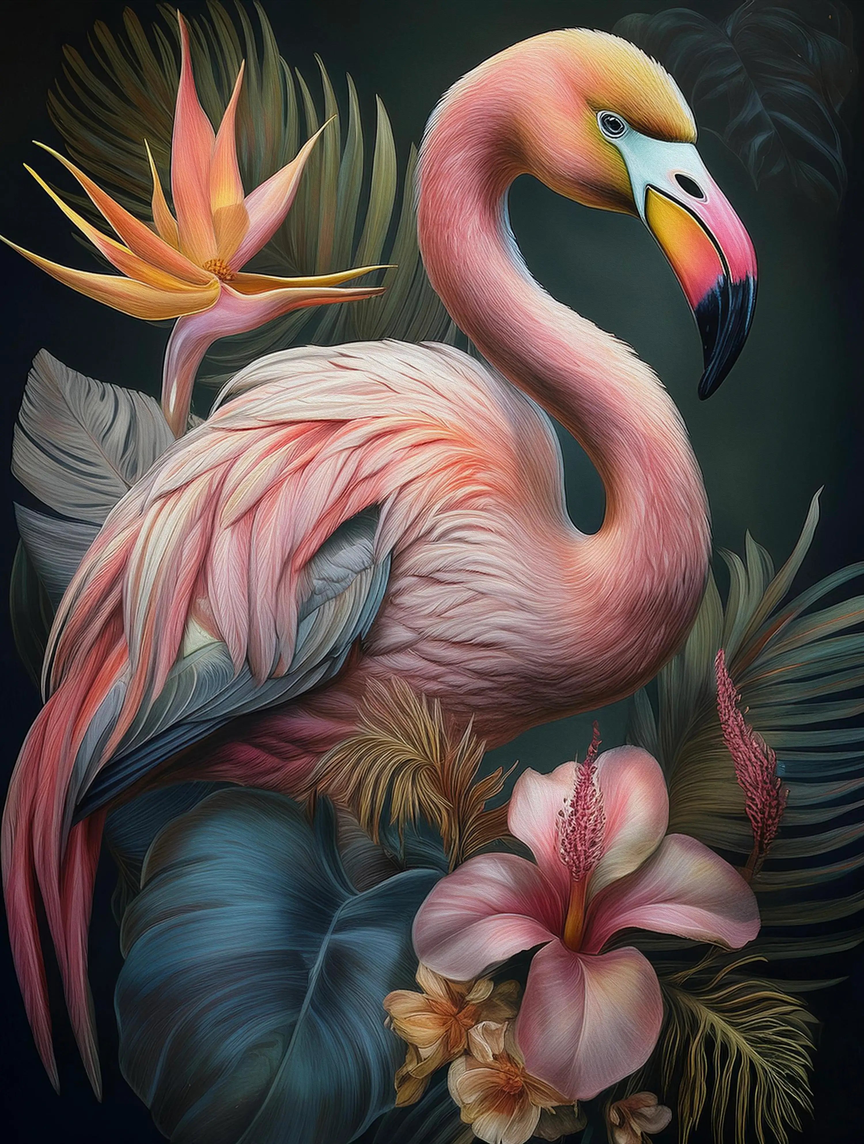 Flamingo wall art – tropical flamingo surrounded by lush coastal tones, paradise-inspired glass print, reminiscent of Audubon prints.