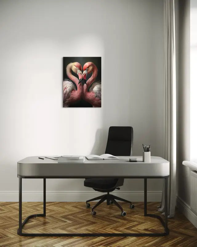 Two flamingos in a heart shape, Echoes of the Sea coastal glass print, office decor