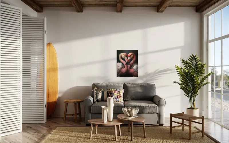 Two flamingos in a heart shape, Echoes of the Sea coastal glass print, coastal sunroom decor