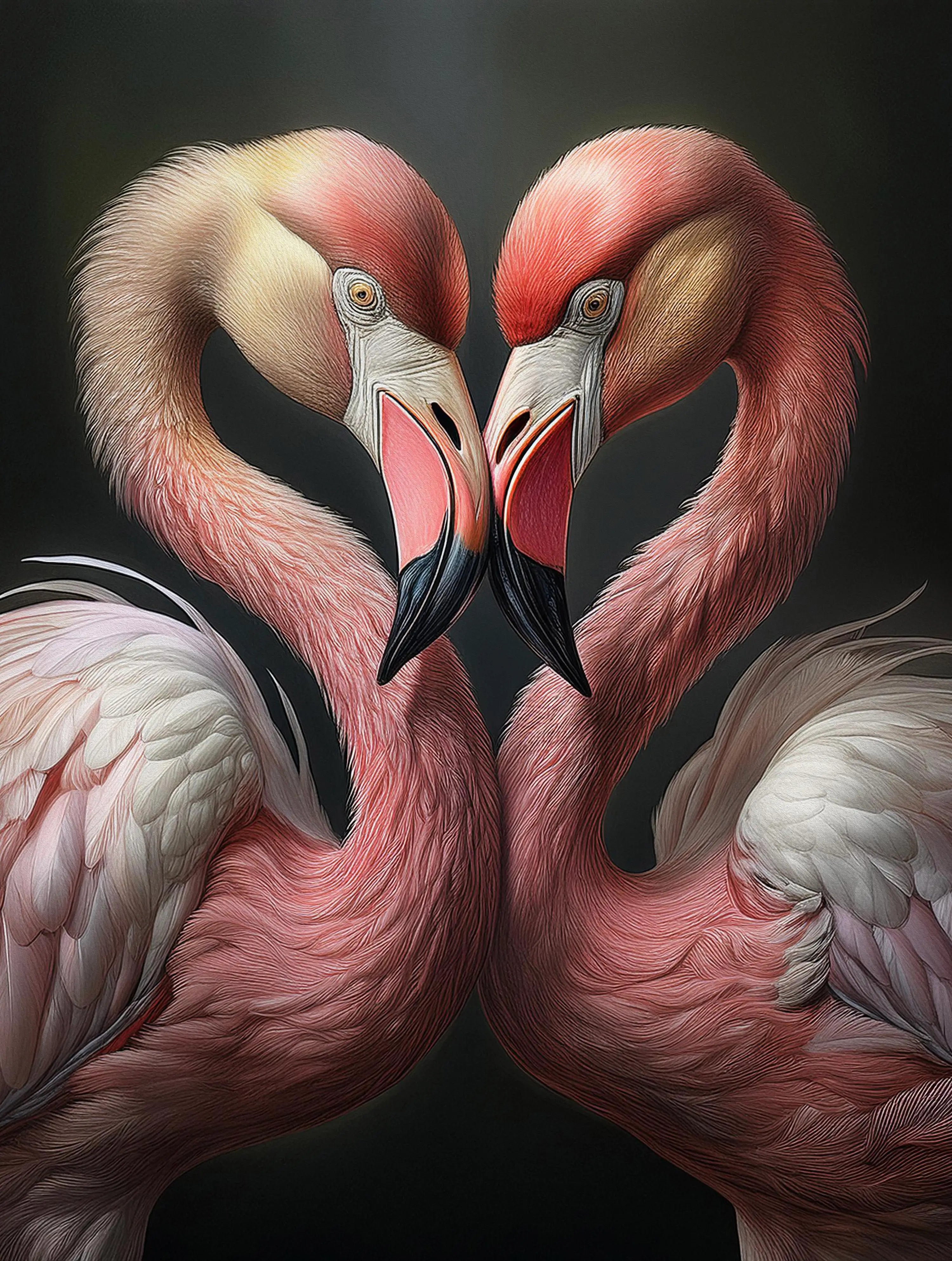 Flamingo heart shape wall art – two flamingos forming a heart with their necks and beaks, tropical coastal glass print