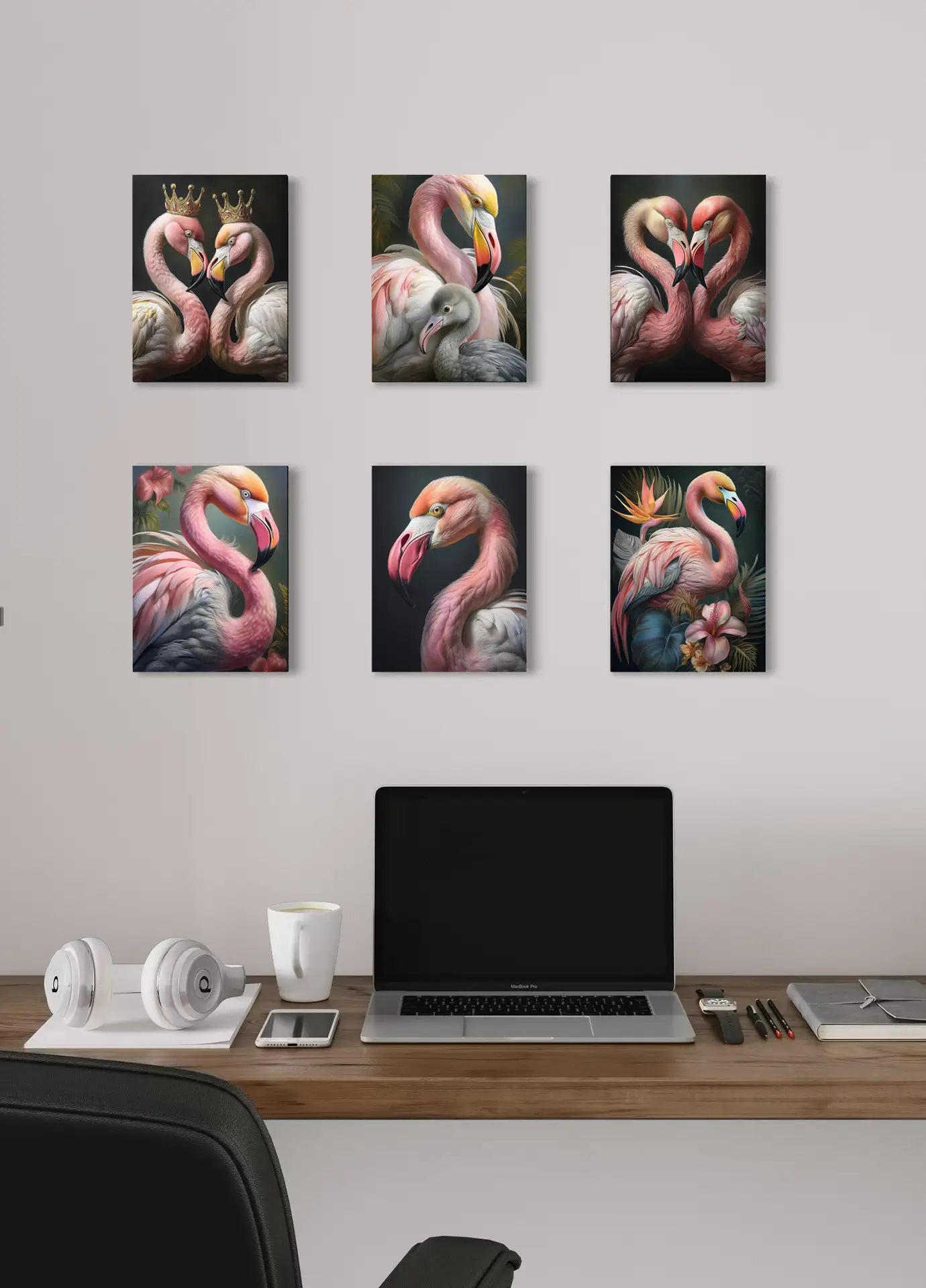 6 Flamingo glass print bundle displayed above a desk