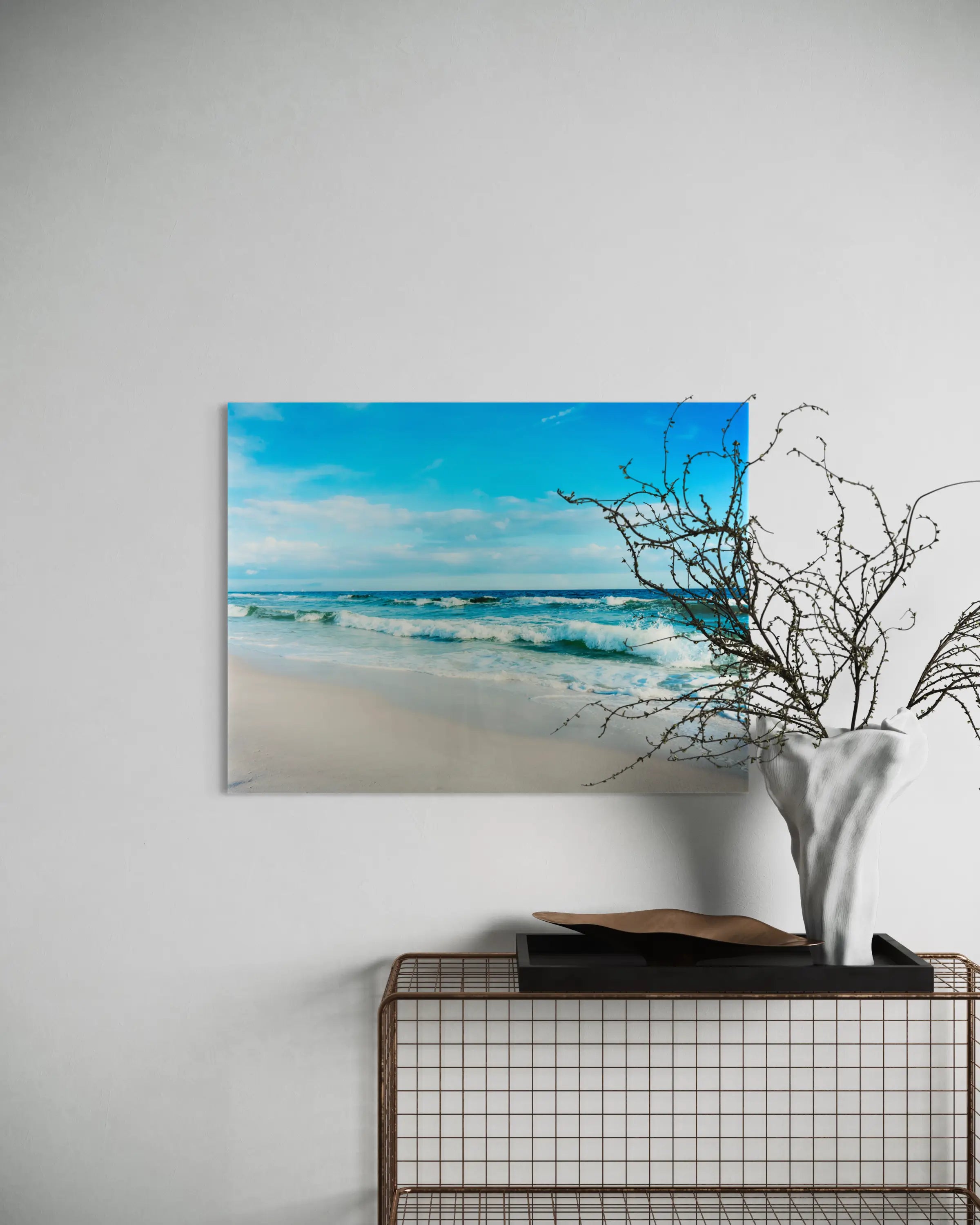 Florida Gulf Coast Waves Glass Print: Turquoise waves on white sand beach, coastal decor art.