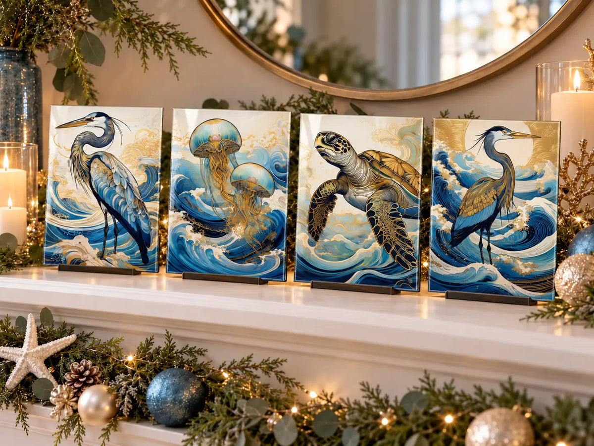 Four-piece coastal glass wall art set featuring herons, jellyfish and a sea turtle displayed on a Christmas mantel with black tabletop stands.
