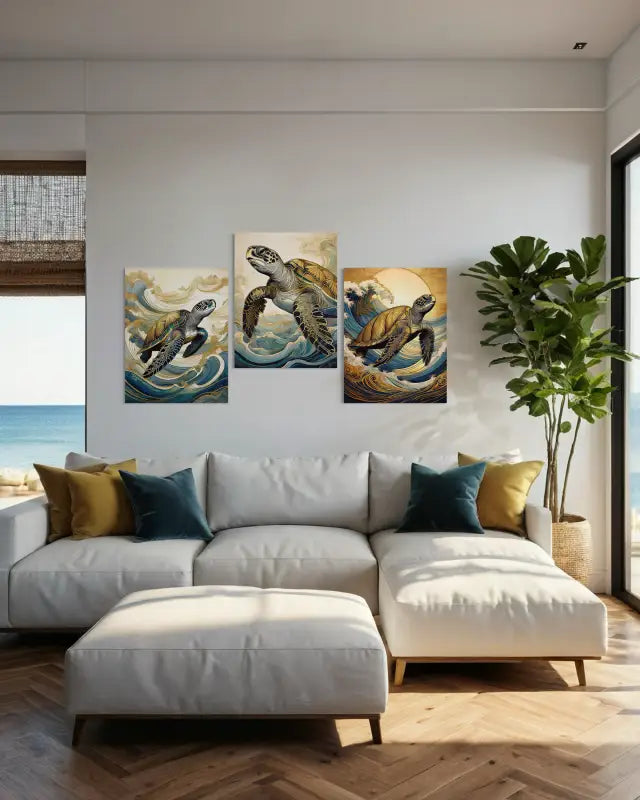 A glass print of a gold-accented sea turtle gliding through waves, from Echoes of the Sea-living room gallery of 3 prints.