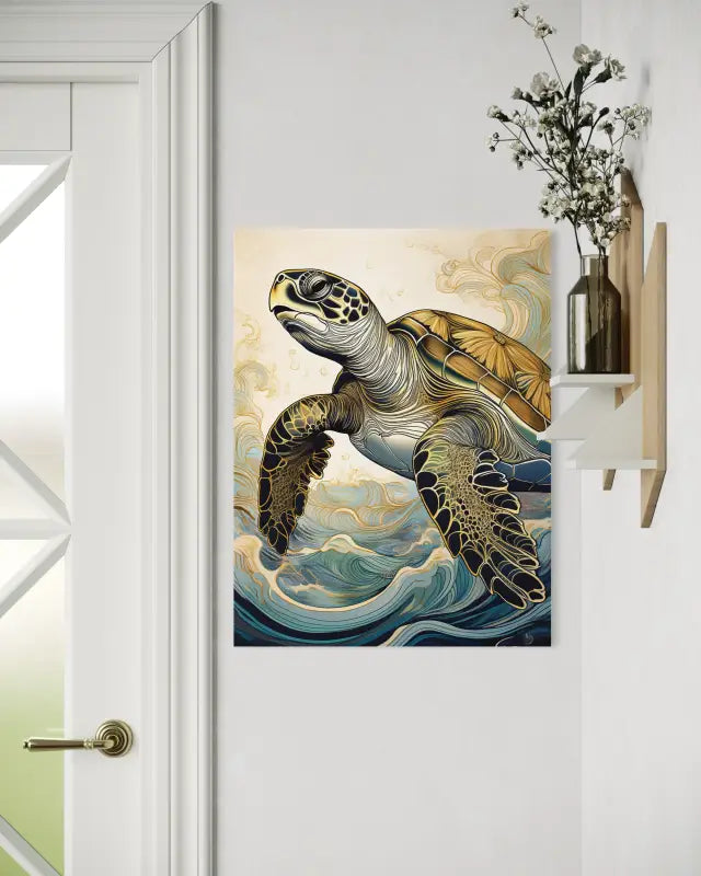 A glass print of a gold-accented sea turtle gliding through waves, from Echoes of the Sea-entryway decor