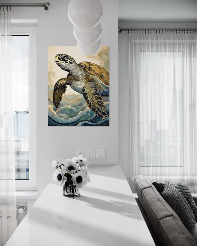 A glass print of a gold-accented sea turtle gliding through waves, from Echoes of the Sea-coastal wall decor