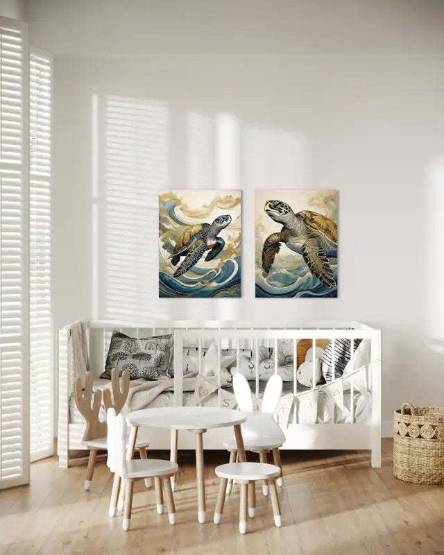 A glass print of a gold-accented sea turtle gliding through waves, from Echoes of the Sea-nursery decor wall gallery