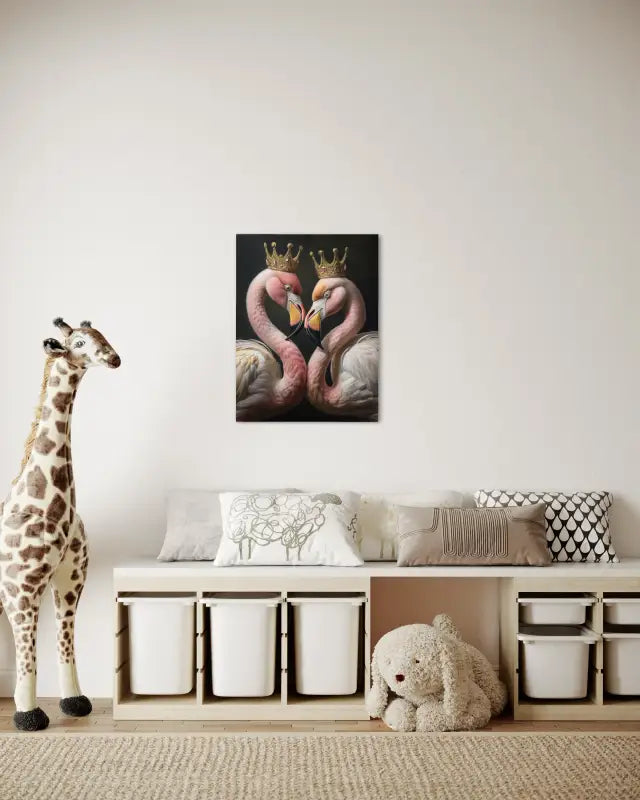 Golden Crowned Flamingo Heart Glass Print, coastal romantic art, eco-friendly_child's room decor