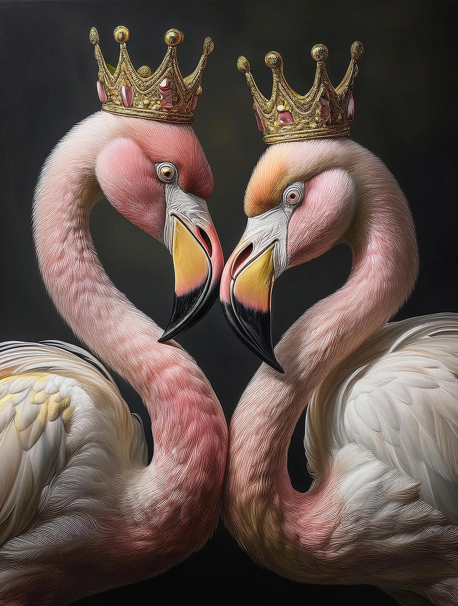 Gold-crowned flamingo pair – elegant tropical flamingos with gold accents, luminous coastal glass wall art.