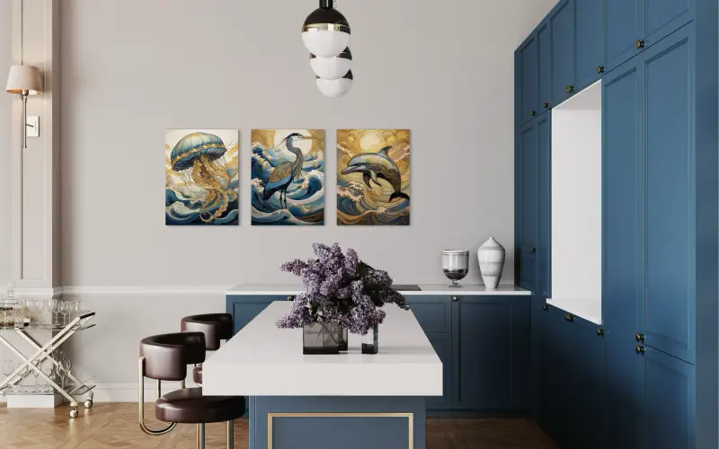 Glass print of a golden jellyfish in line art style with Hokusai-inspired blue waves-kitchen decor with prints