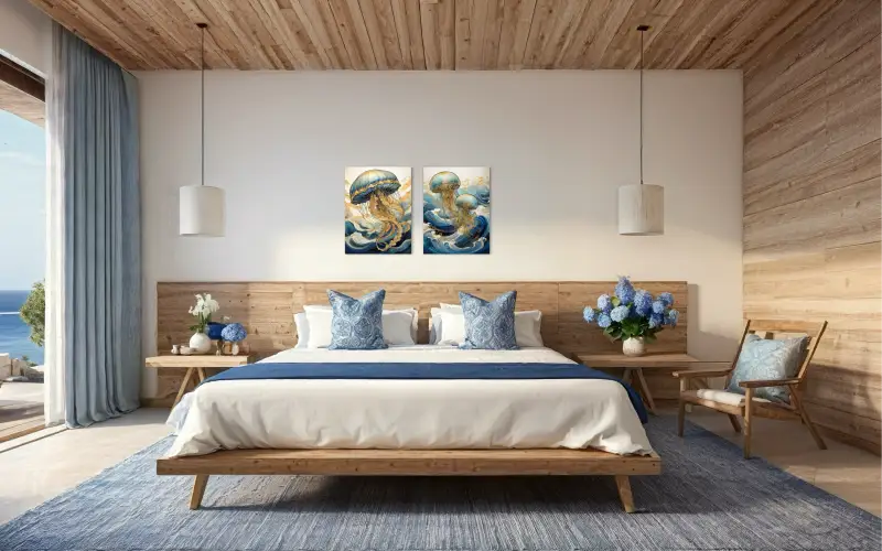 Glass print of a golden jellyfish in line art style with Hokusai-inspired blue waves displayed with matching jellyfish print