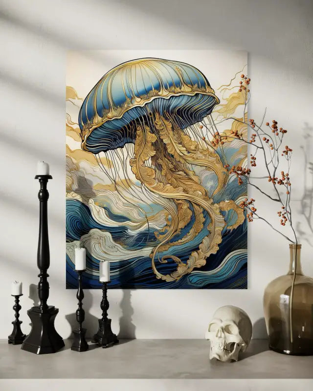 Glass print of a golden jellyfish in line art style with Hokusai-inspired blue waves-above a shelf
