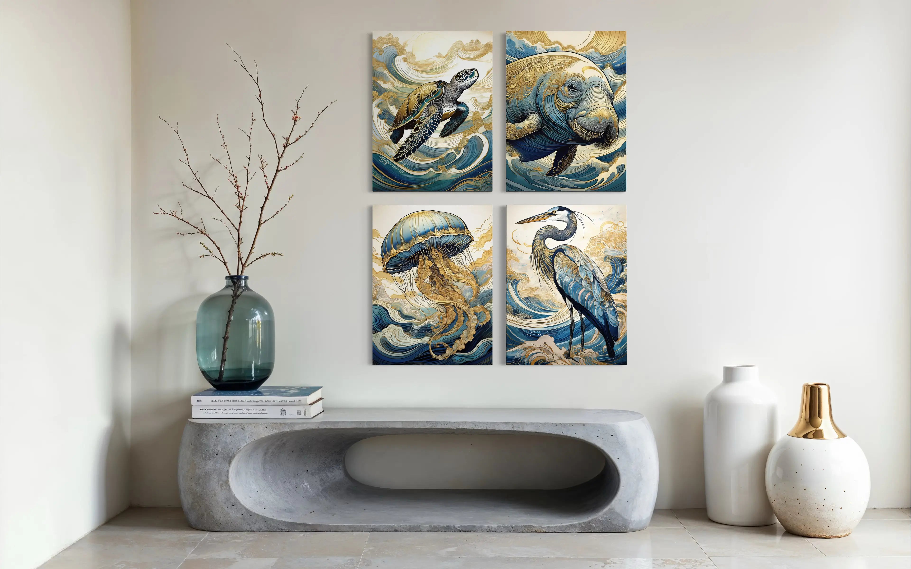 Four large glass prints — manatee, heron, turtle, and jellyfish — displayed in a modern coastal entryway, reflecting coastal elegance and tranquility.