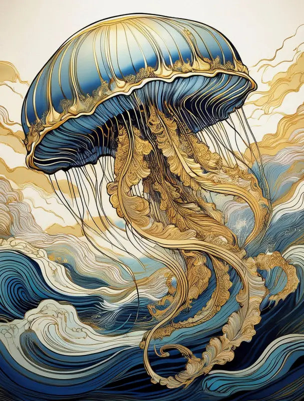 Hokusai-inspired Golden Jellyfish Dance Coastal Glass Print by Echoes of the Sea