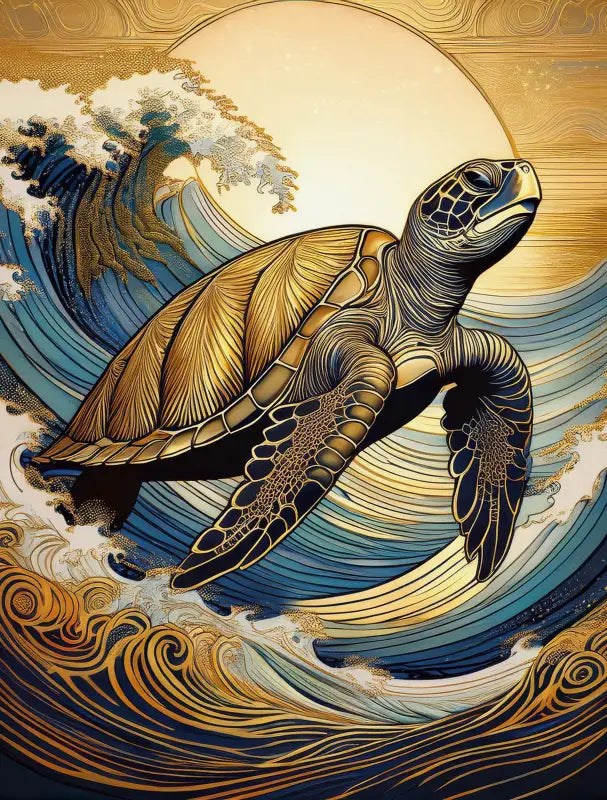 Sea Turtle Golden Wave Crests Art Coastal Glass Print by Echoes of the Sea, ocean wall art