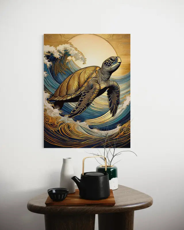 Sea Turtle Golden Wave Crests Art Coastal Glass Print by Echoes of the Sea, eco-friendly-coastal decor
