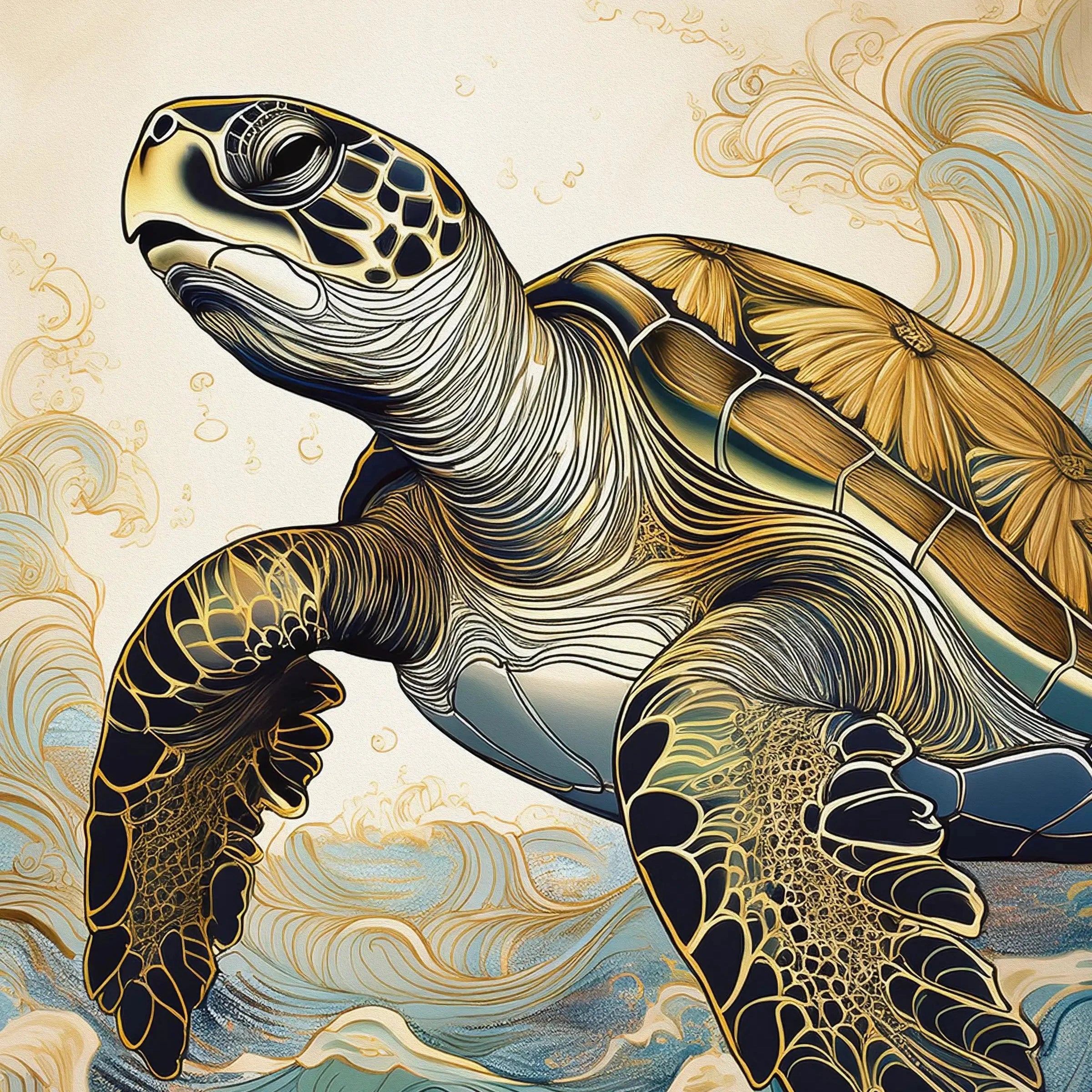 Sea Turtle in blue and teal waves with gold accents, glass print