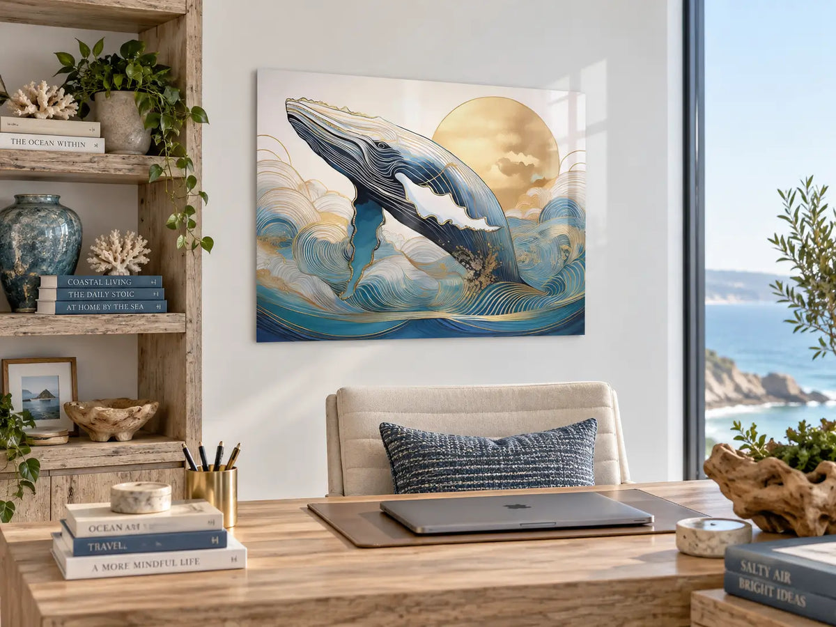 Golden Whale glass print displayed in a modern coastal office above a desk, styled with driftwood-inspired shelving and blue accents.