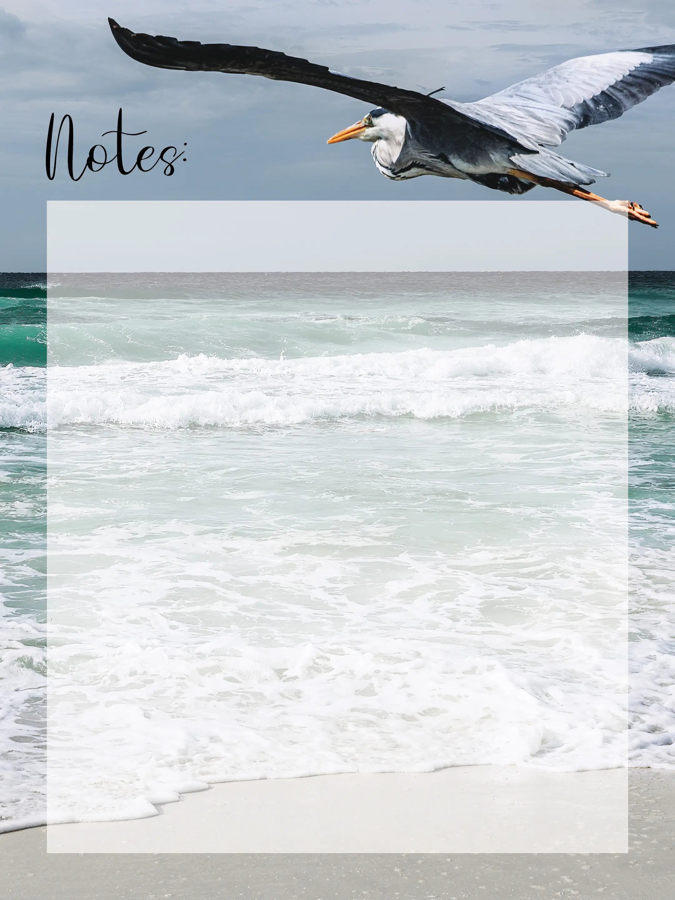 A reusable glass notes board featuring a Great Blue Heron in flight over ocean waves, with a blank dry-erase surface for notes and to-do lists.