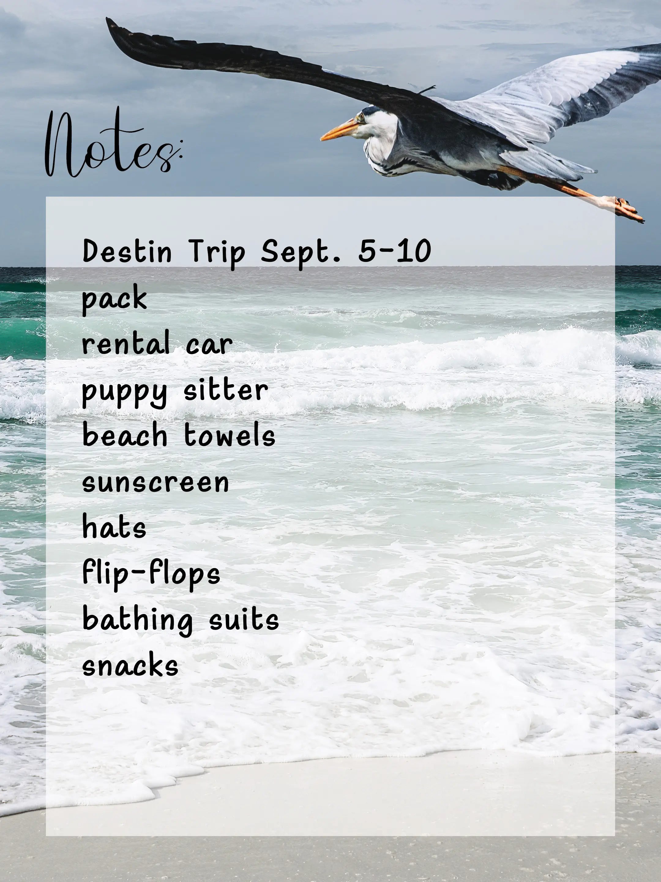 A reusable glass notes board featuring a Great Blue Heron in flight over ocean waves, with a blank dry-erase surface for notes and to-do lists, in use