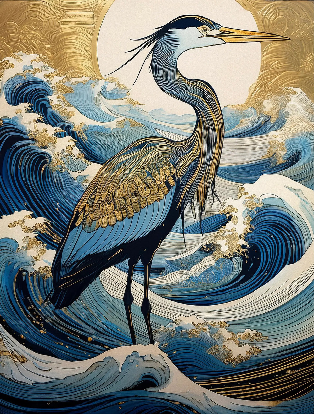 Great Blue Heron glass art print standing among dramatic deep blue ocean waves with elaborate golden detailing in a Hokusai-inspired coastal composition.