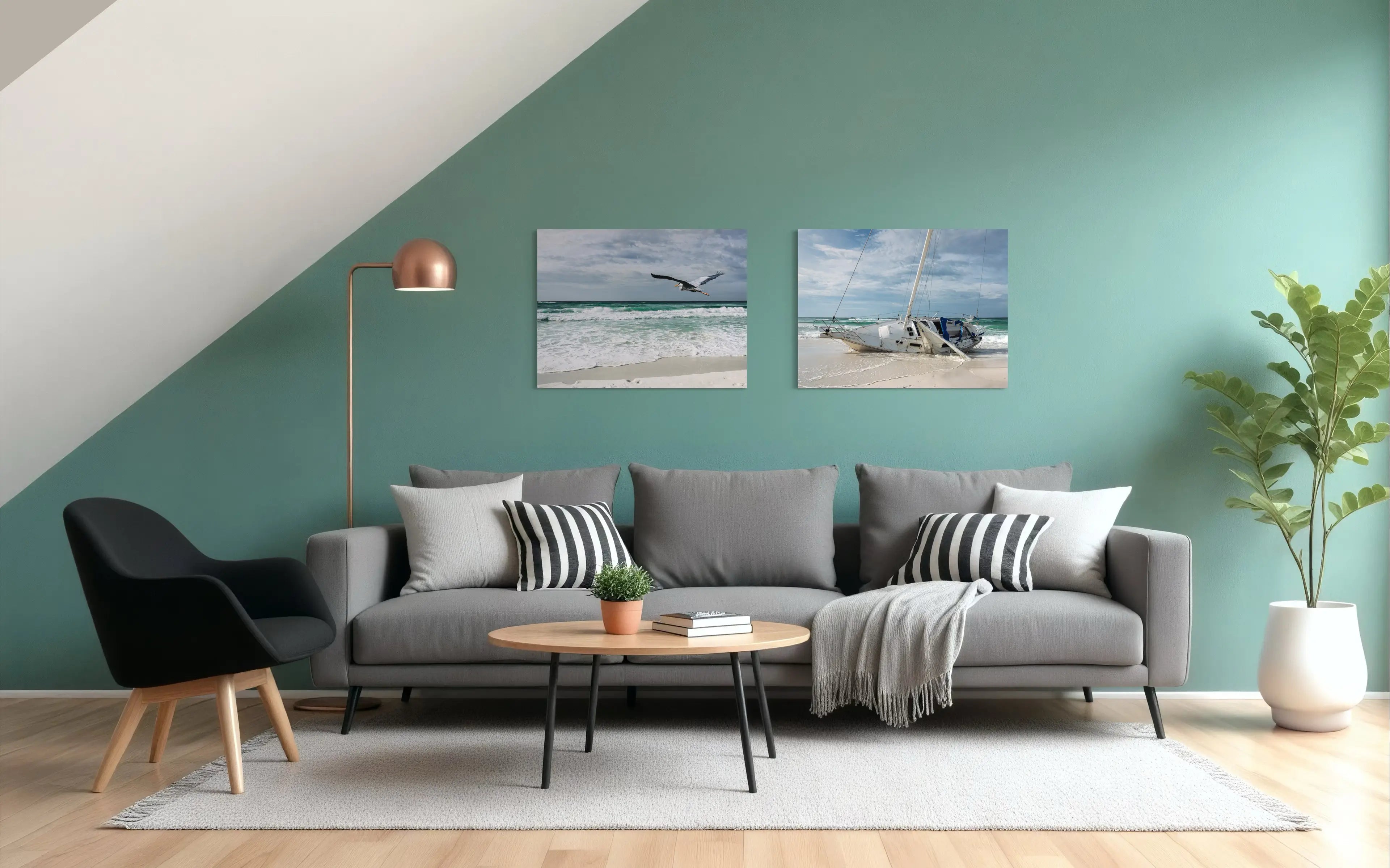 Great blue heron in flight over emerald Gulf waves at Henderson Beach, coastal glass print wall art with matching print.