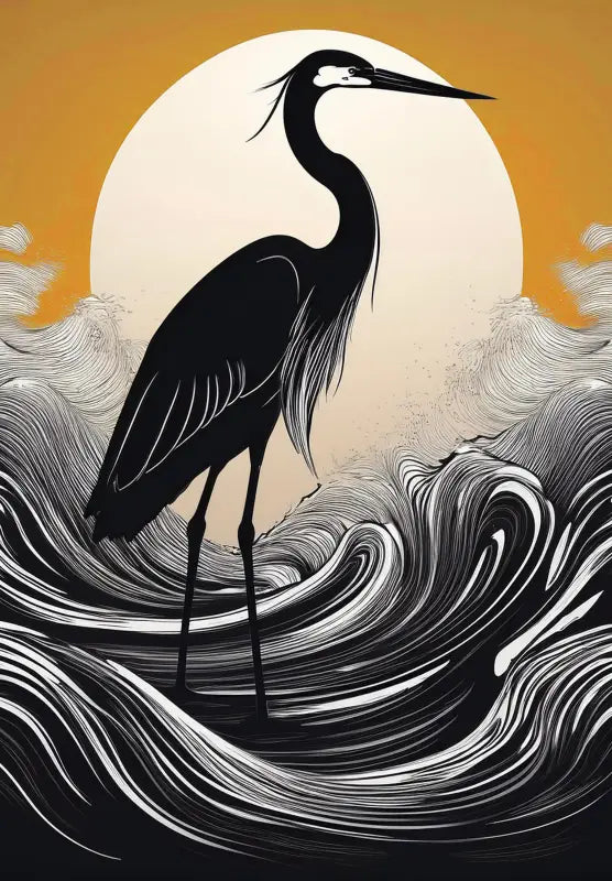 Heron Serenity Moonrise Glass Art, coastal nature wall decor, eco-friendly print.