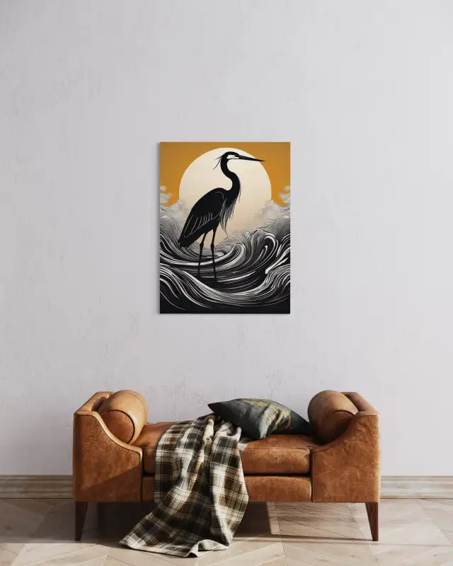 Heron Serenity Moonrise Glass Art, coastal nature wall decor, eco-friendly print-sitting area