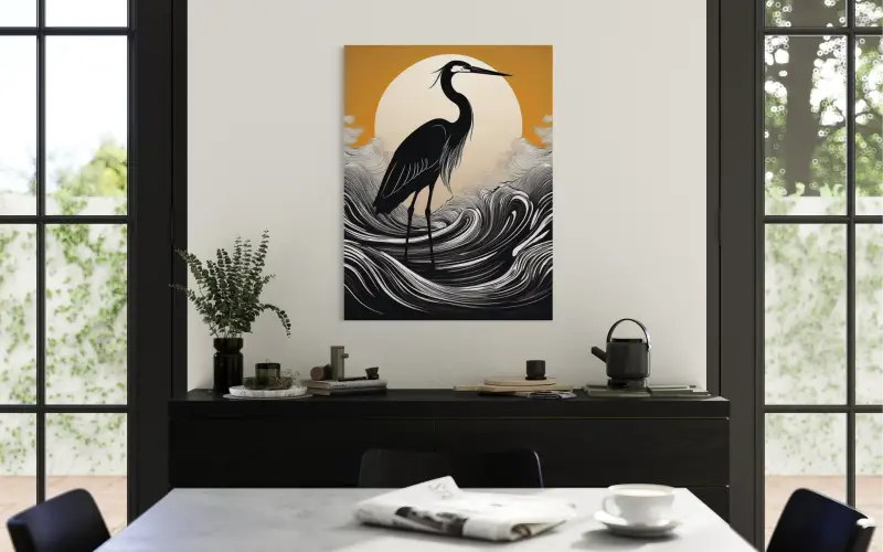 Heron Serenity Moonrise Glass Art, coastal nature wall decor, eco-friendly print-dining room