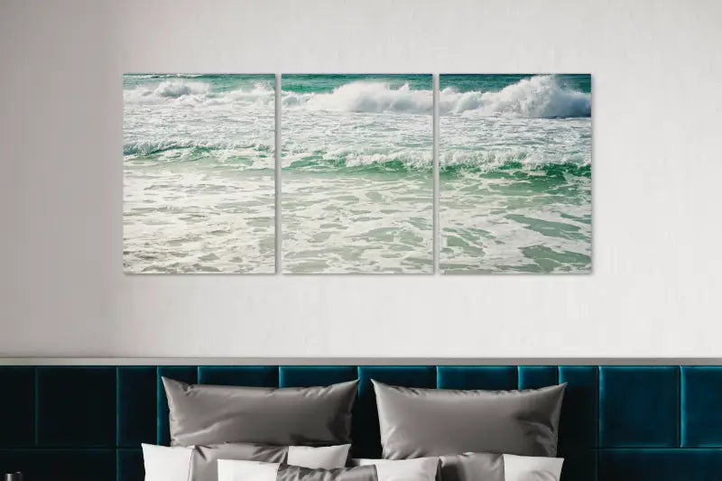 Luxury Gulf Coast waves triptych wall art, coastal decor, eco-friendly, vibrant colors, made in USA