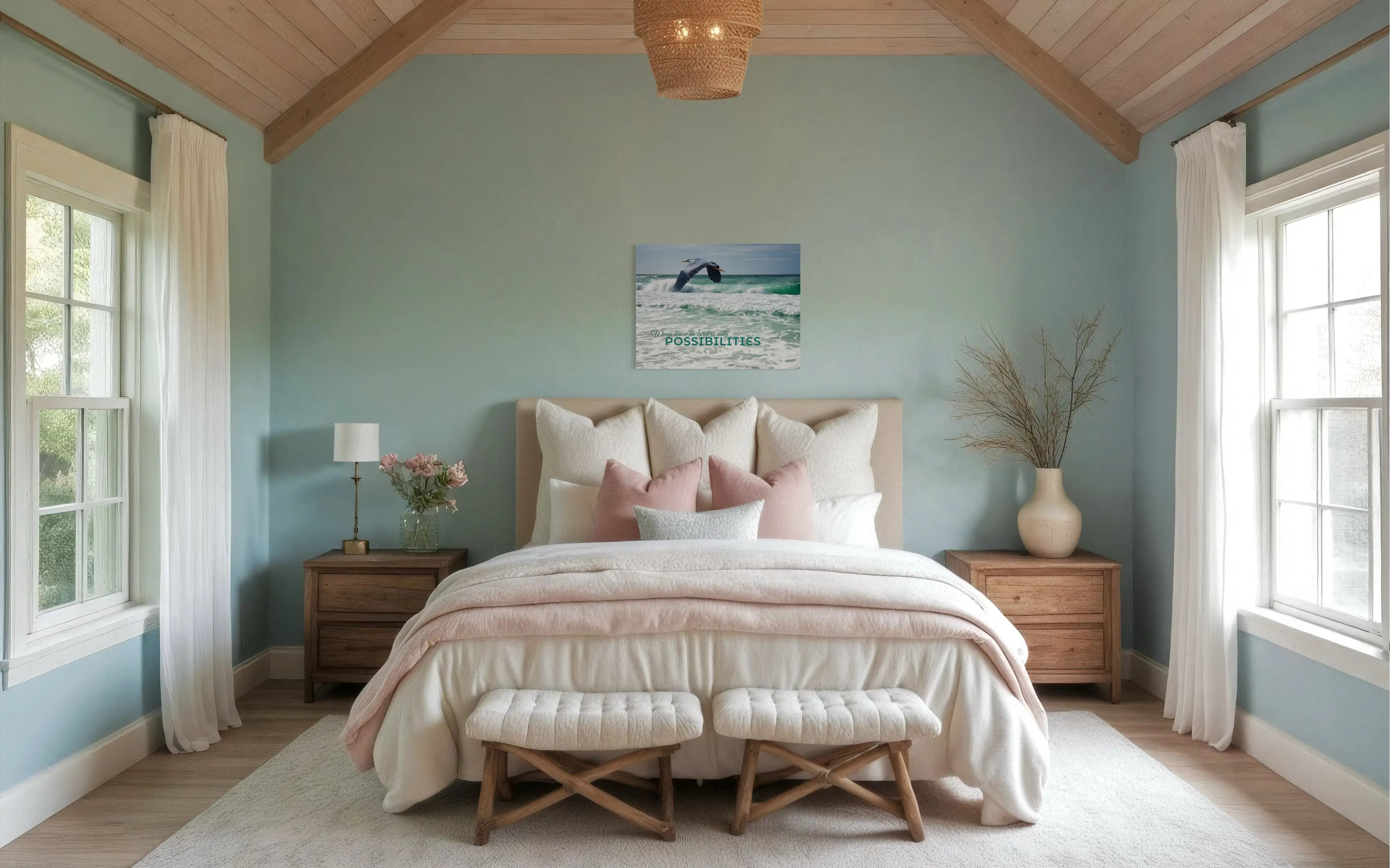 Heron in Flight Coastal Glass Print – inspirational heron wall art bringing serenity to a soft pastel coastal bedroom.