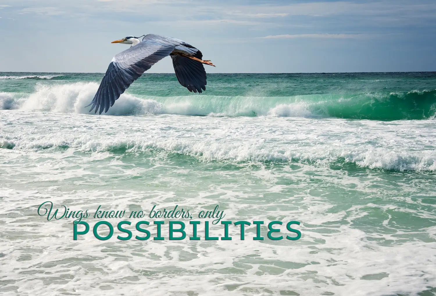 Inspirational heron in flight coastal glass wall art with quote, showcasing a majestic bird soaring over turquoise ocean waves, perfect for modern coastal décor.