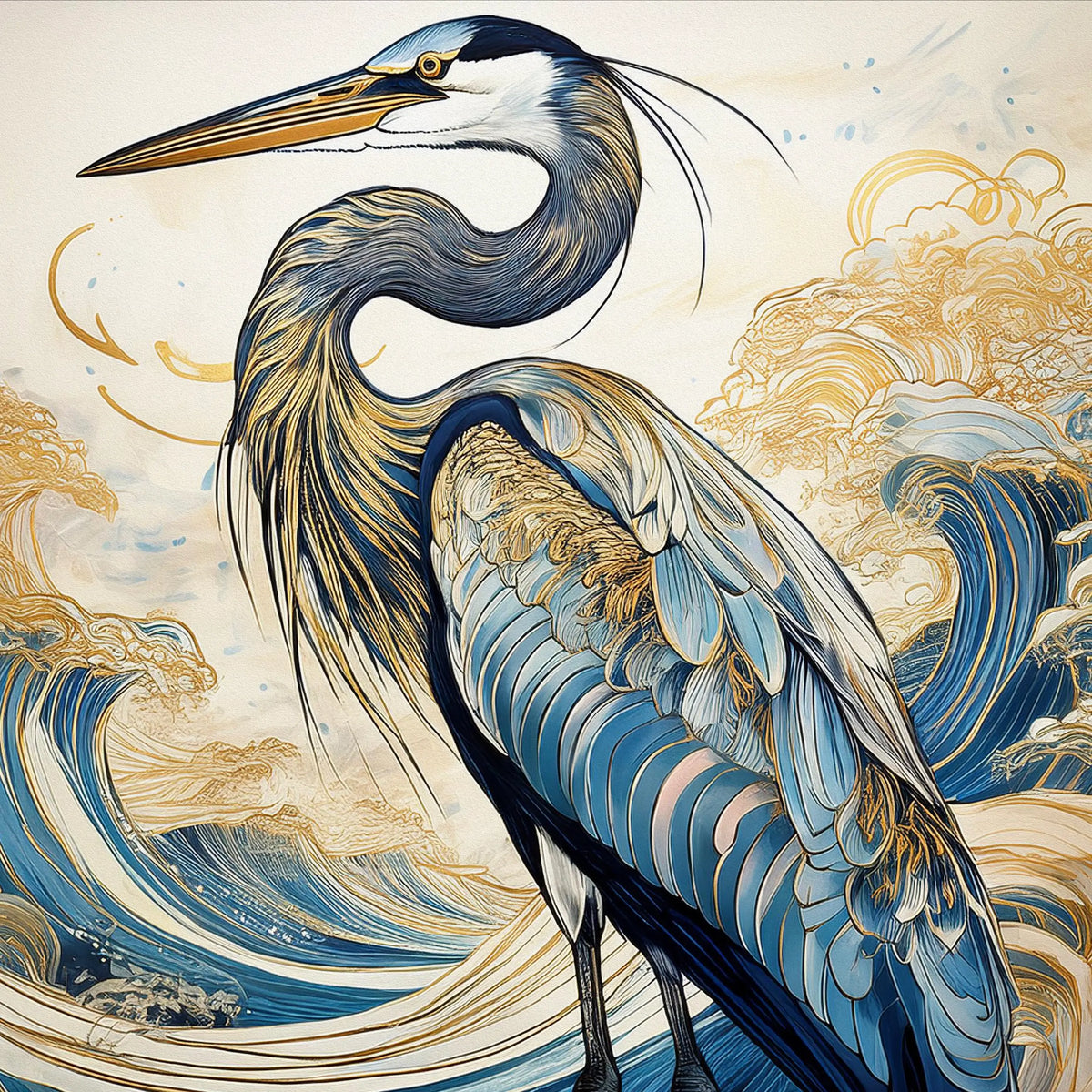 Heron Wall art in blues and gold accents.