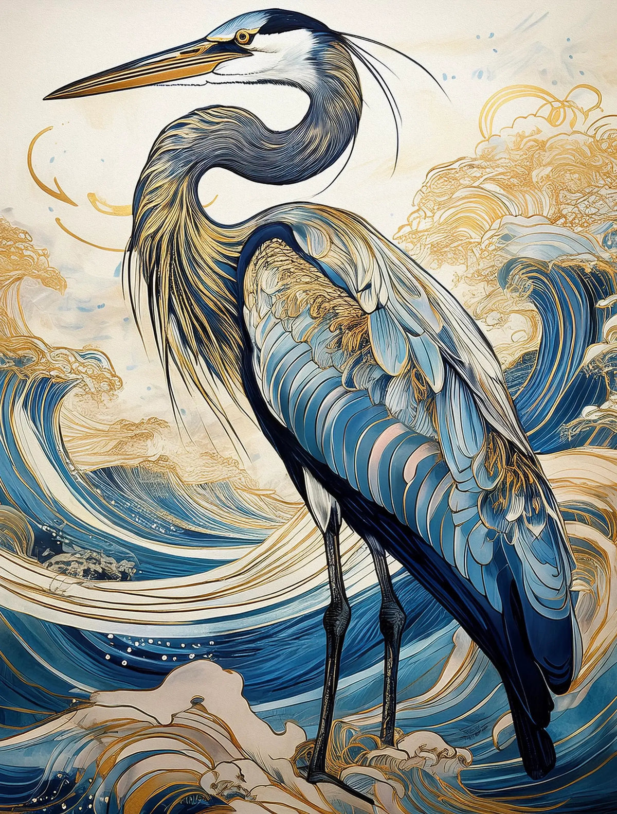 Great Blue Heron coastal glass wall art with intricate blue and gold feathers, sweeping Hokusai-inspired ocean waves, and an ivory background.