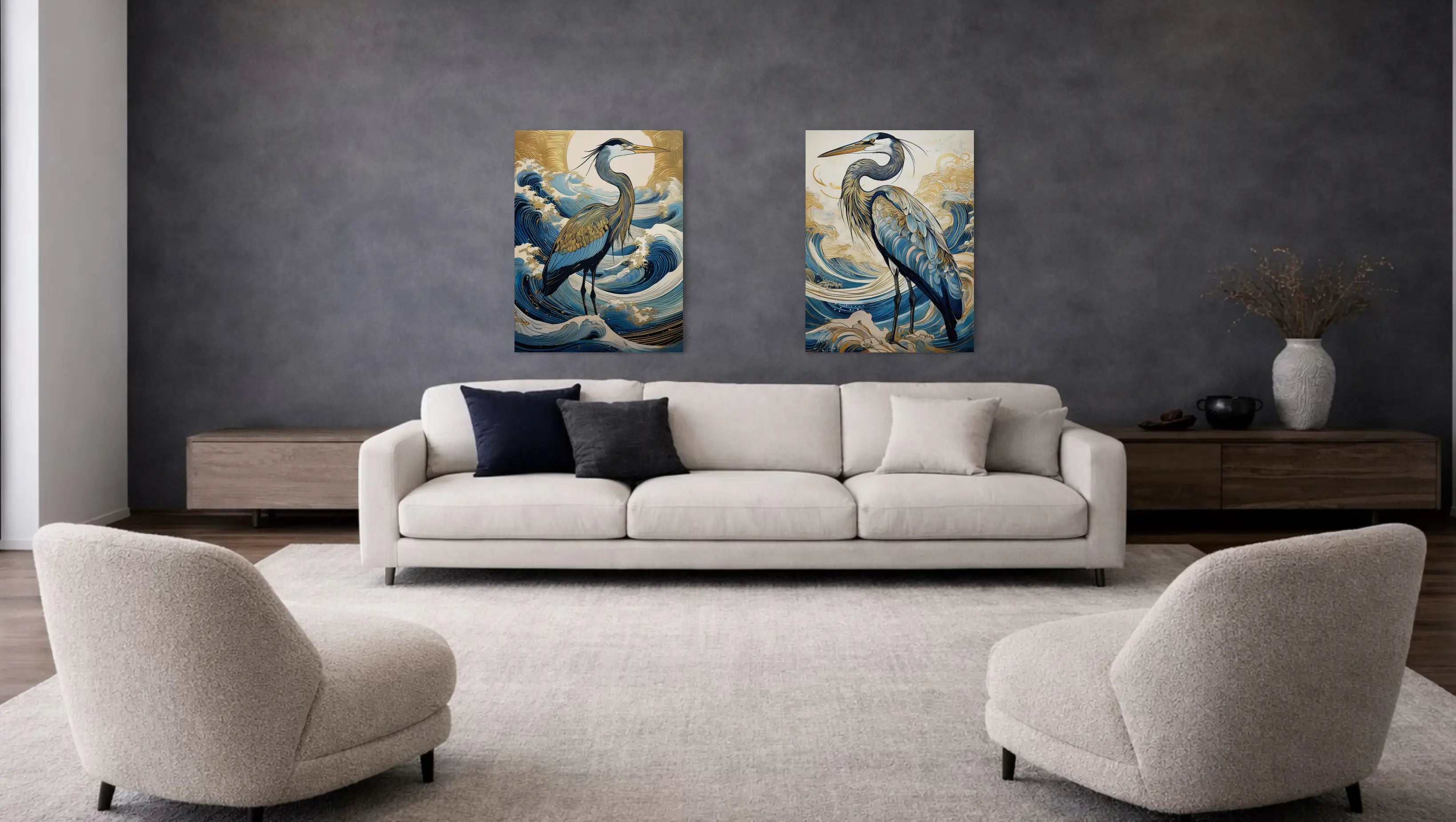 2 heron coastal glass prints in navy, blues and gold accents adorn a charcoal wall in a moody coastal living room