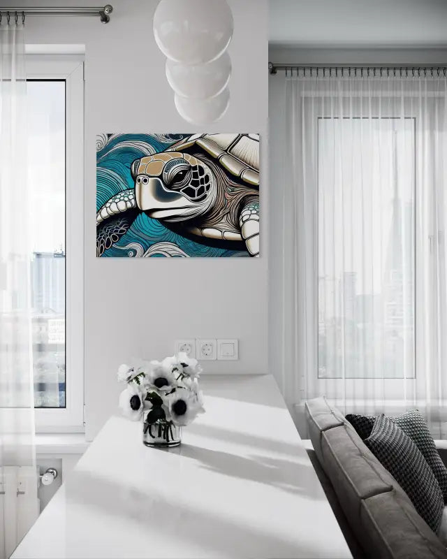 Close-up sea turtle portrait in Hokusai-inspired blue waves, coastal glass print for kitchen decor.