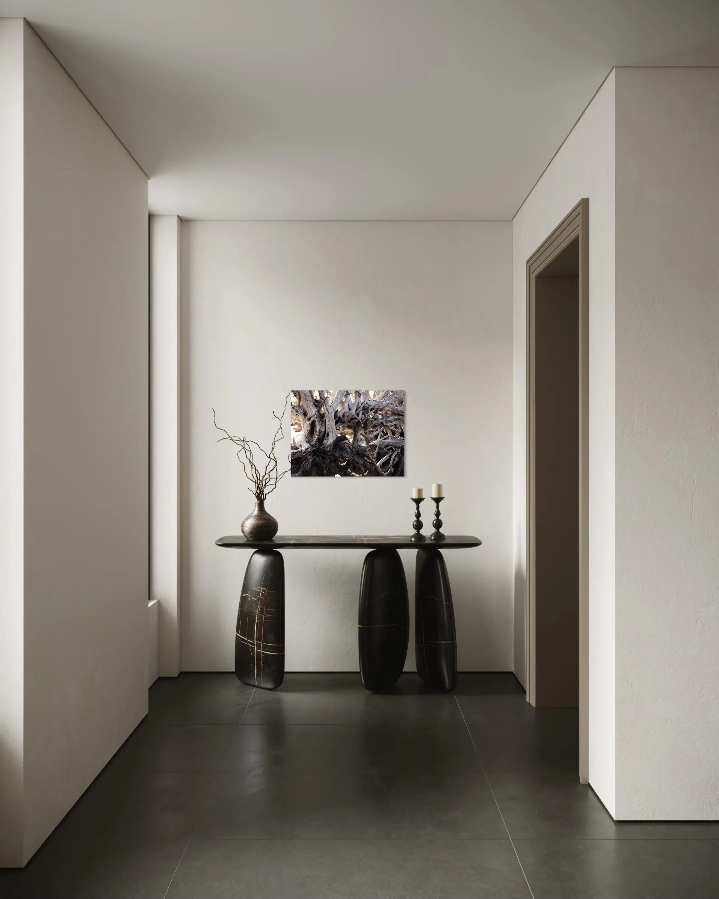 Driftwood texture wall art in entryway – welcoming coastal decor featuring Jekyll Island driftwood.