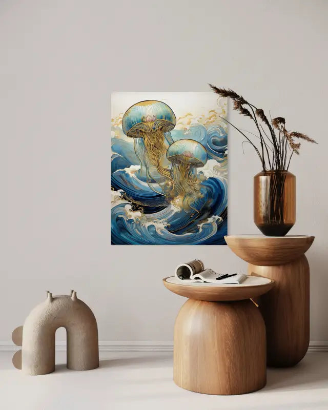 Glittering Jellyfish Gold Waves Coastal Glass Print by Echoes of the Sea, inspired by Hokusai-wall decor.
