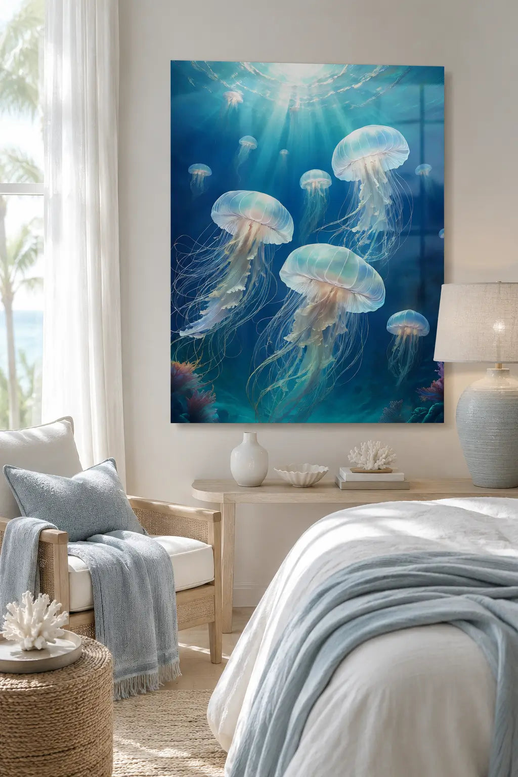 Room interior with a large coastal glass print of jellyfish on the wall, featuring a bed and seating area.