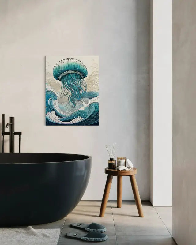 Glass print of a jellyfish in a wave-inspired design-bathroom decor
